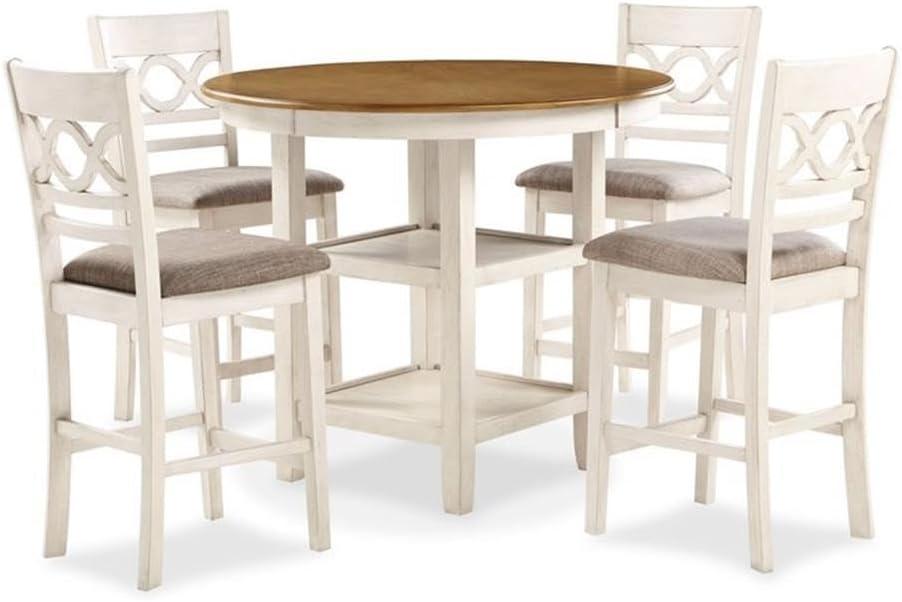 Pemberly Row 5-Piece Solid Wood Counter Dining Set, 42 in Round Table and Chairs, Two-Tone Brown/White Finish, Mindy Wood with Storage Shelves, Padded Seats, Farmhouse Style Kitchen or Dining Room