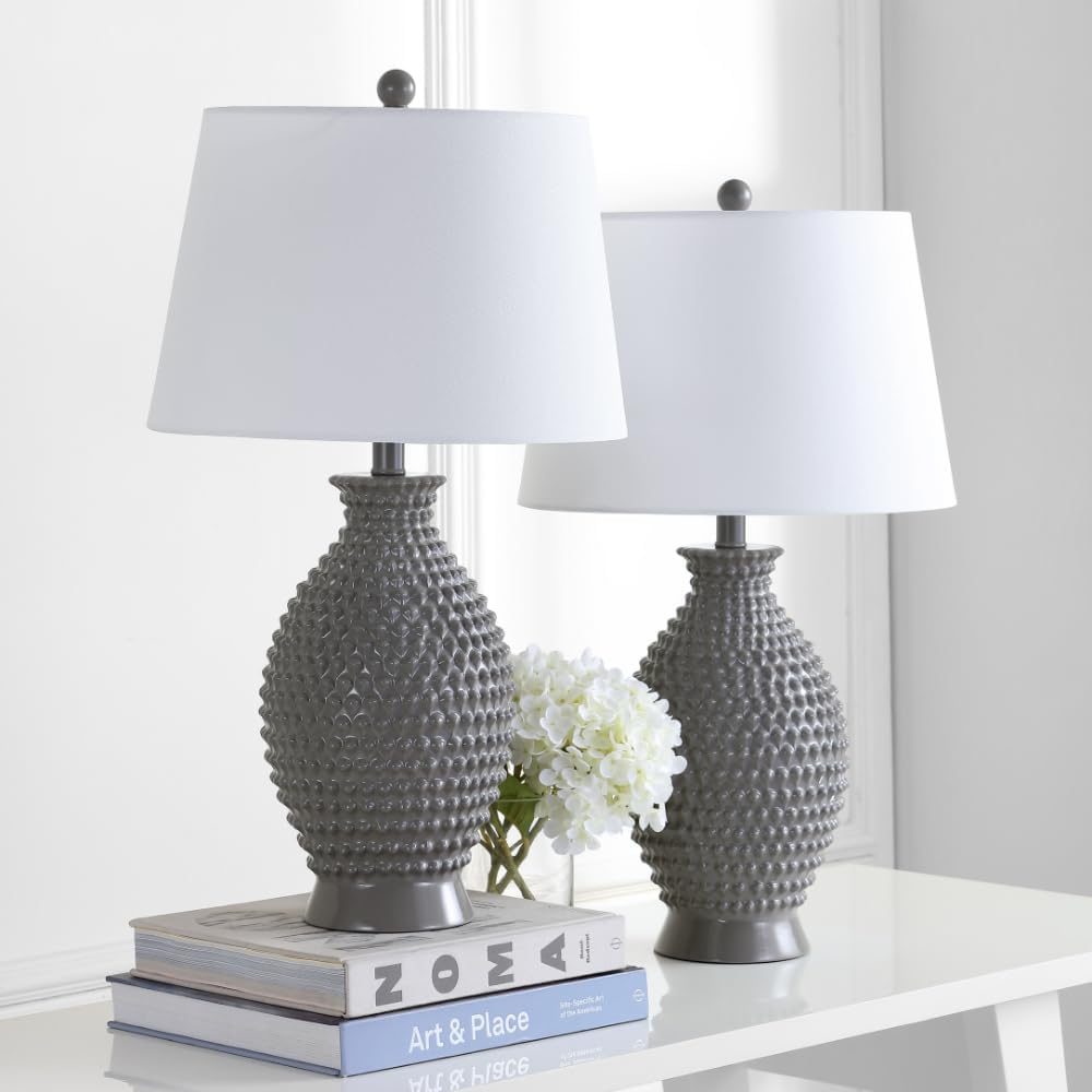 SAFAVIEH Lighting Collection Rosten Grey Textured 27-inch Bedroom Living Room Home Office Desk Nightstand Table Lamp Set of 2 (LED Bulbs Included)
