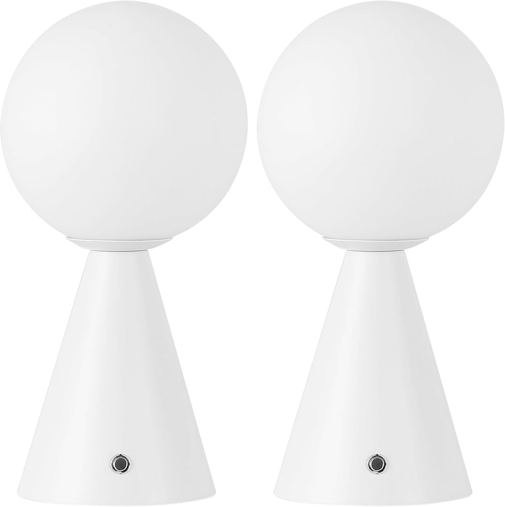 JONATHAN Y 11.75' White Macie Modern Globe Cordless Table Lamp Set of 2, Rechargeable Dimmable Integrated LED Touch Sensor Bedside Lamp, White Frosted Glass Shade (JYL7159E-SET2)