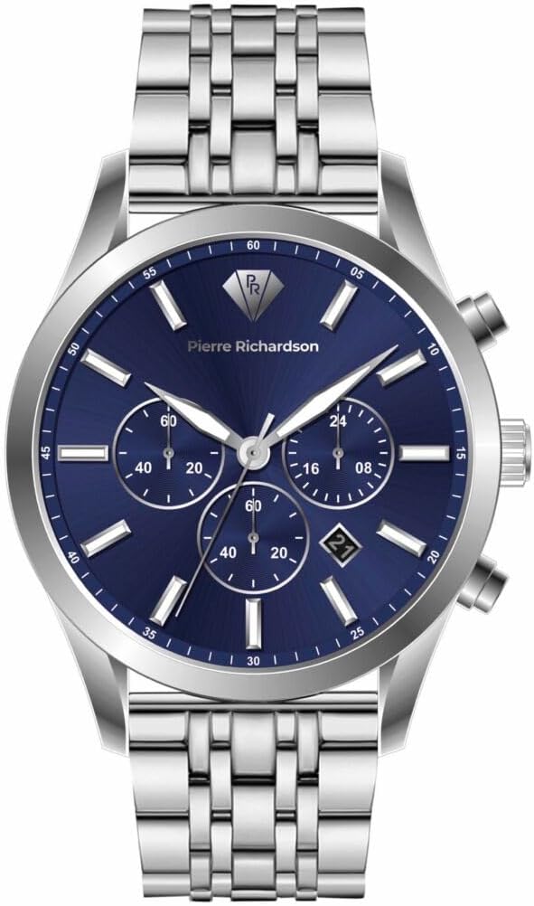 PIERRE RICHARDSON Men's Luxury Watch PR2320 – Silver Stainless Steel Quartz, 44mm, 5ATM Water Resistant, Scratch-Resistant Sapphire Crystal Glass