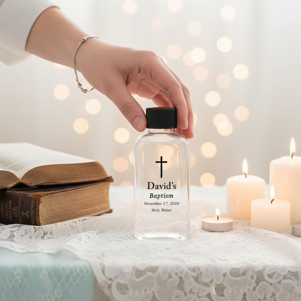 Custom 100cc Round Plastic Bottles - 3.4 oz Holy Water Favors with Minimalist Black or White Caps - Personalized Labels - Ideal for Confirmation Gifts & First Holy Communion Keepsakes (200)