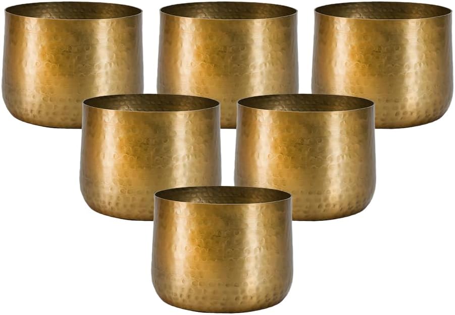 Serene Spaces Living Antique Brass Look Gold Hammered Pots, Indoor Planter Pot, Decorative Accent for Potted Plants, Gold Flower Vase for Wedding, 7' Diameter and 5.25' Tall, Pack of 6