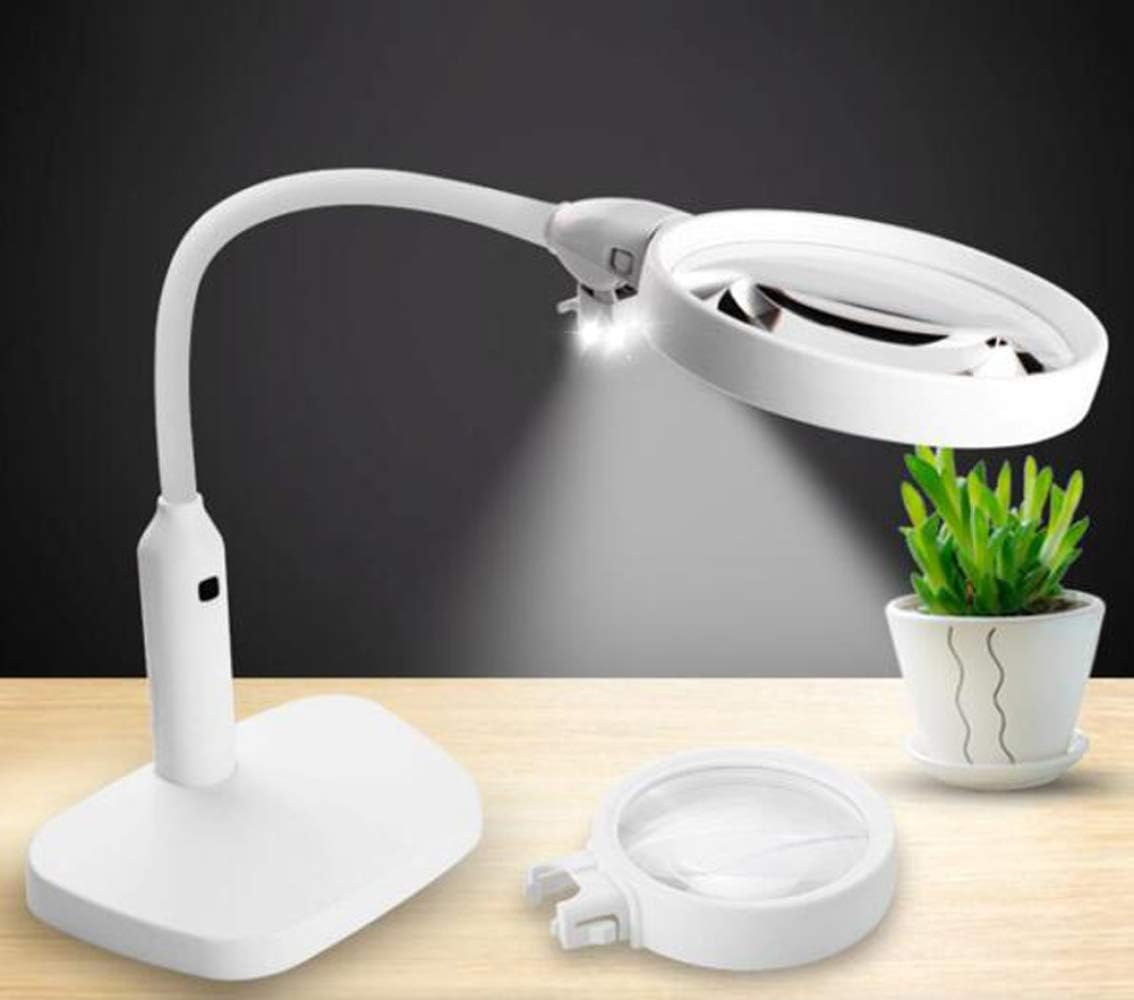 GeRRiT 6 Led Magnifying Glass Clamp Lamp,2X,5X Magnifier Lens,Metal Hose Adjustable Swivel Arm Utility Clamp Light for Desk, Table,Craft, Jewelry,Sewing,