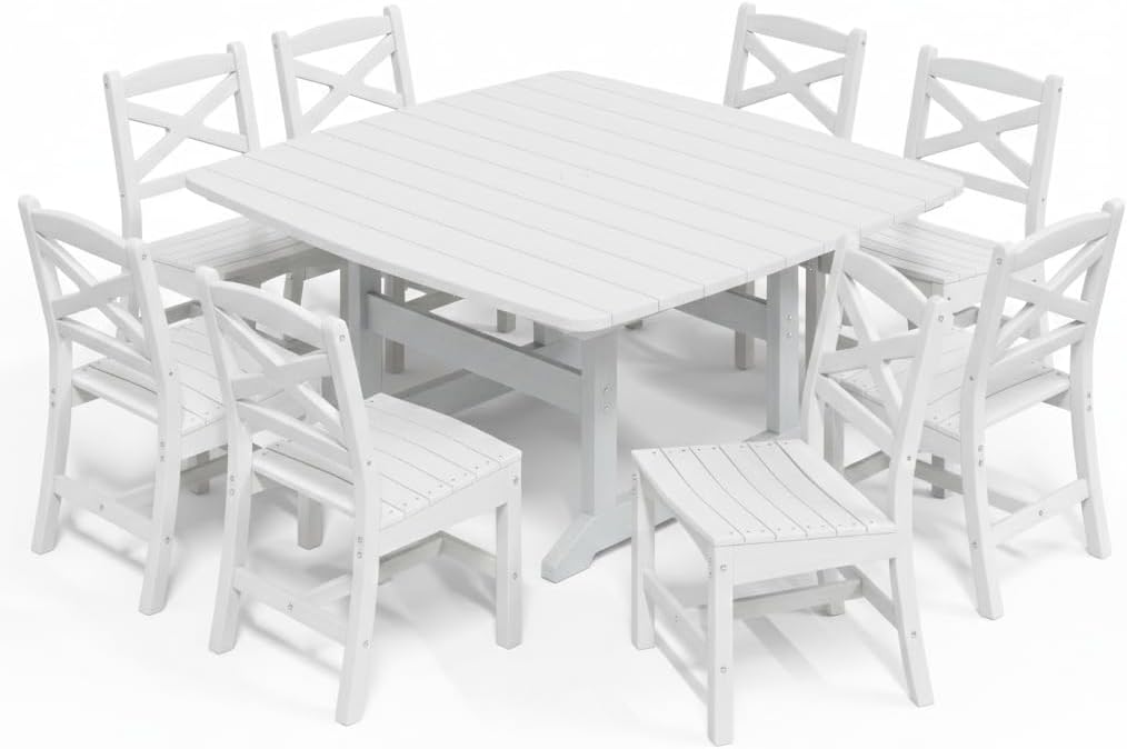 Outdoor Dining Set, HDPE 9-Piece Patio Table and Chairs Set, All-Weather Outdoor Dining Table Set for 8 with Umbrella Hole, Durable Patio Furniture Set with Chairs,White