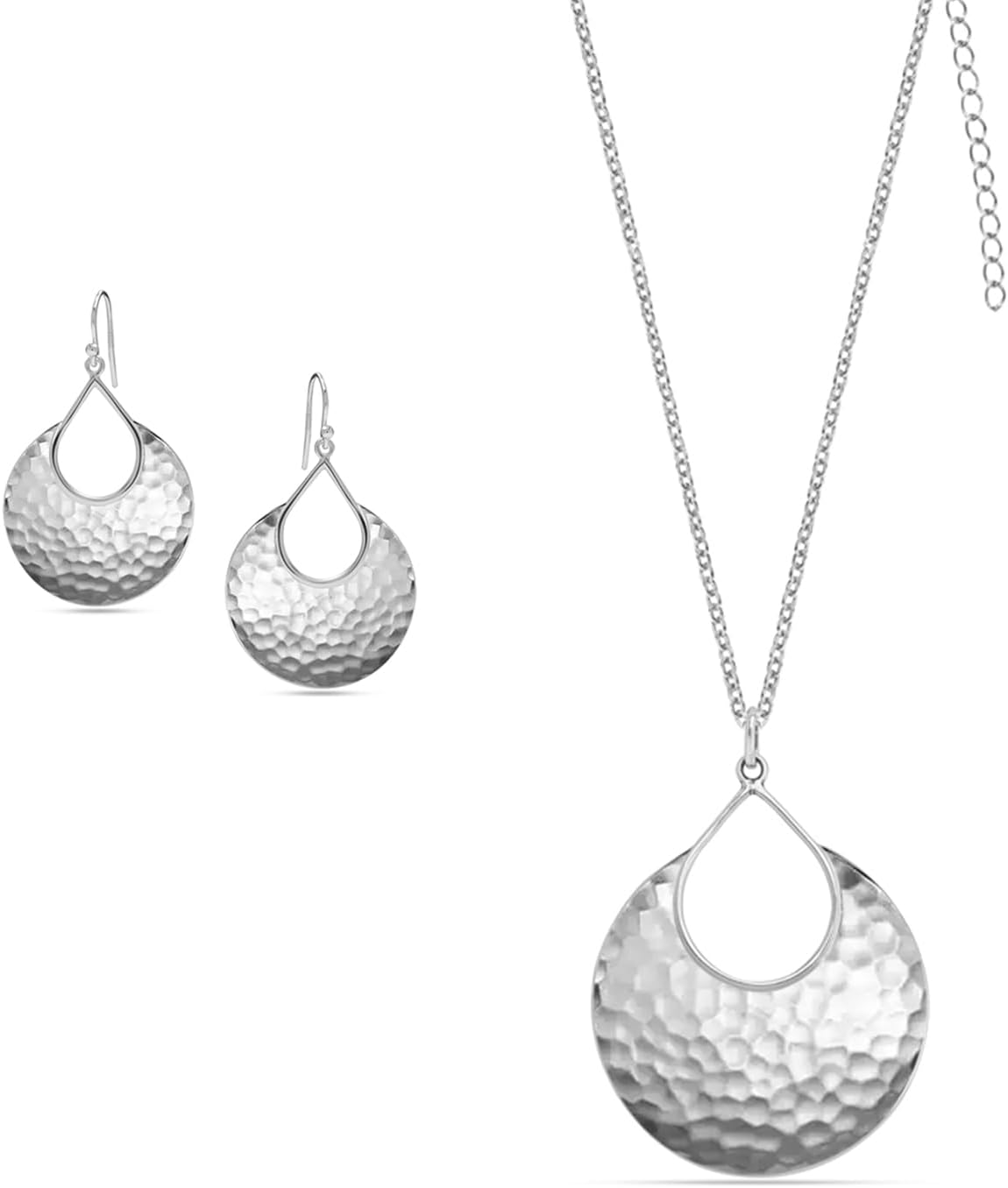 LeCalla 925 Sterling Silver Handmade Pendant Necklace Earrings | Set of 2 Pair Hammered Crescent Drop Earrings and Necklace