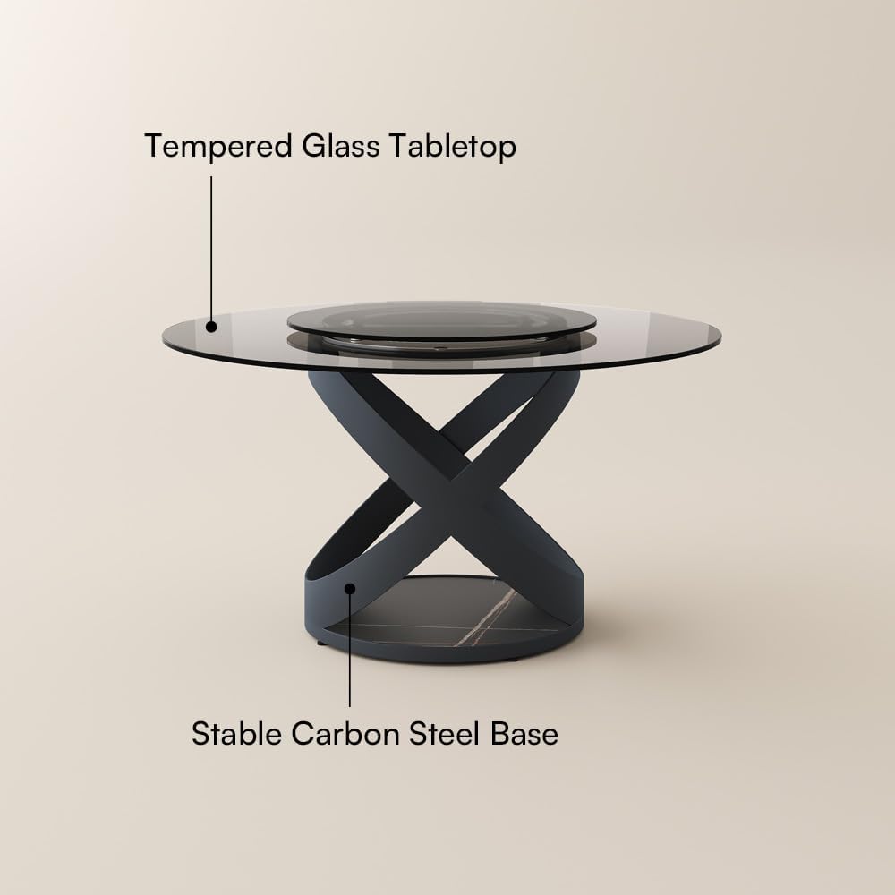 POVISON 51' Modern Round Dining Table with Lazy Susan, Glass Round Kitchen Table for 4, Tempered Glass Dining Room Table top with Black X Carbon Steel Base (Dining Table Only)