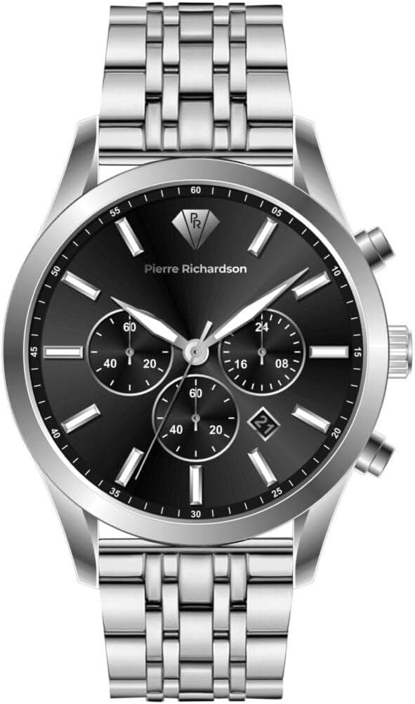 PIERRE RICHARDSON Men's Luxury Watch PR2320 – Silver Stainless Steel Quartz, 44mm, 5ATM Water Resistant, Scratch-Resistant Sapphire Crystal Glass