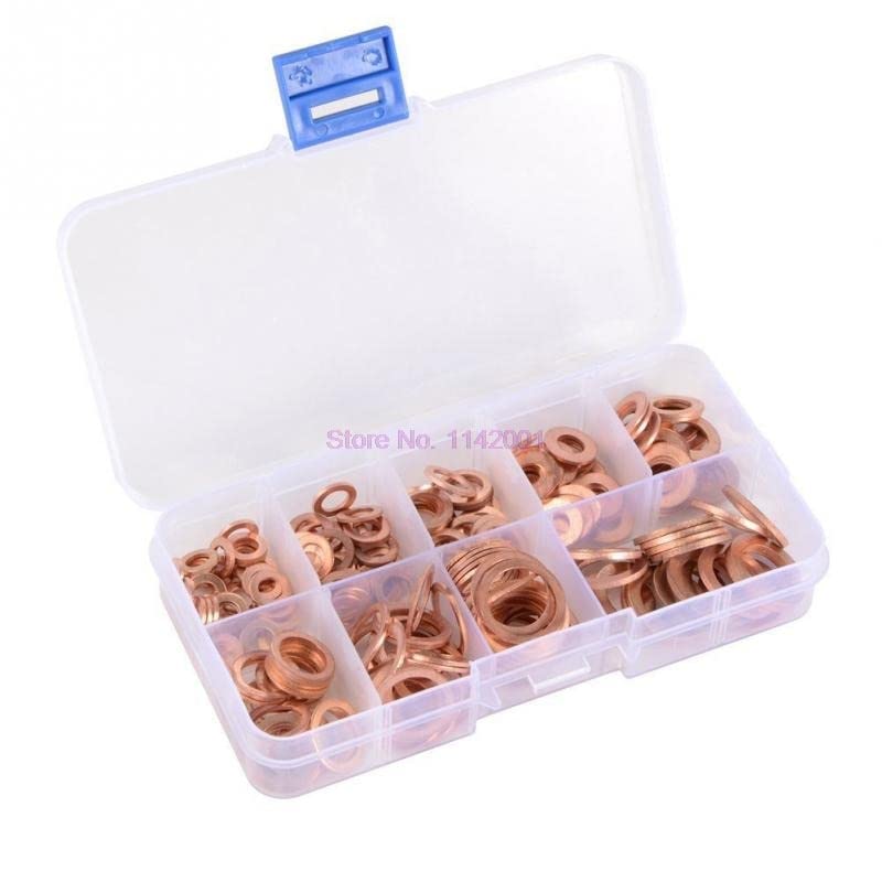 10Set 200pcs/set Copper Washer Gasket Nut and Bolt Set Flat Ring Seal Assortment Kit with Box //M8/M10/M12/M14 for Sump Plugs