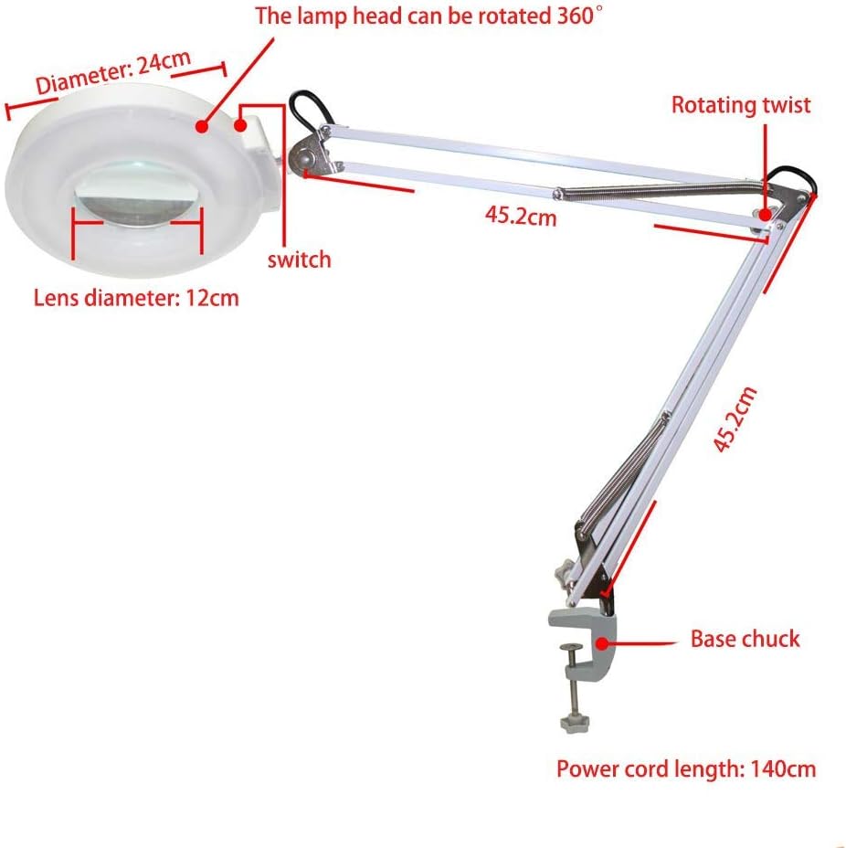 Magnifying Glass, Led Magnifier Lamp, Adjustable Swivel Arm 8X Magnifying Table Lamp Light for Beauty Skincare Manicure Nail Tattoo Salon with Glass Lens and Bench Clamp