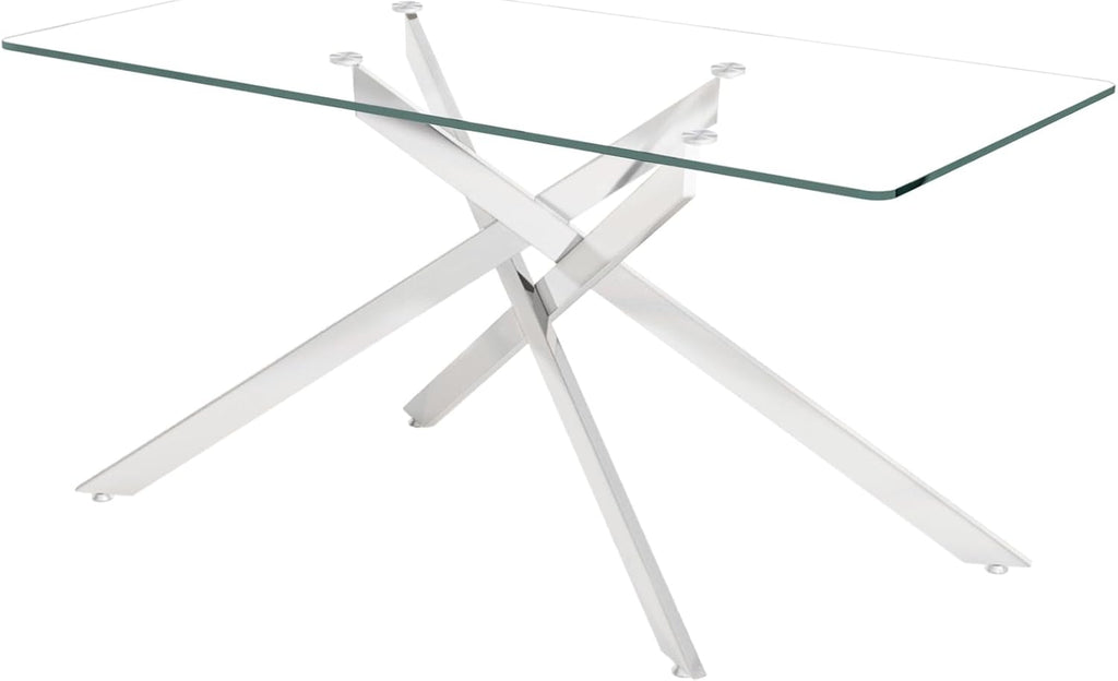 60' Glass Dining Table Modern Kitchen Table for 4-6 People, Contemporary Rectangular Dining Room Dinner Tables with Clear Glass Top & Silver Metal X Legs for Kitchen Apartment