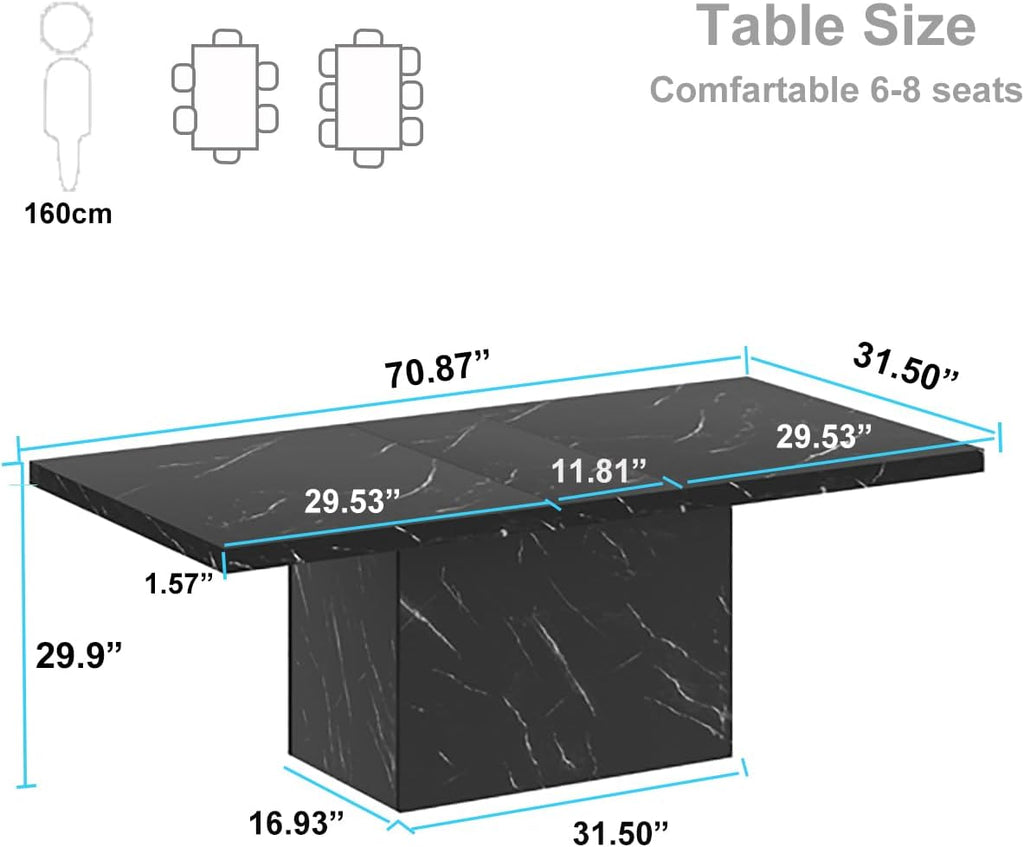 HSH 71' Black Dining Table for 6-8, Rectangle Modern Faux Marble Dinner Table, Large Dining Room Table for Kitchen Living Room, Industrial Wood Kitchen Table only with Sturdy Base, Black, 71 Inch