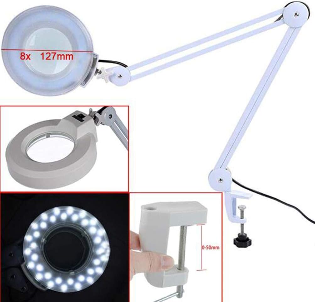 Magnifier, Led Folding Magnifier lamp,Adjustable Swivel Arm 8X Magnifying Glass Table Lamp Light with Clamp for Beauty Skincare Manicure Nail Tattoo Salon with Glass Lens and Bench,Black