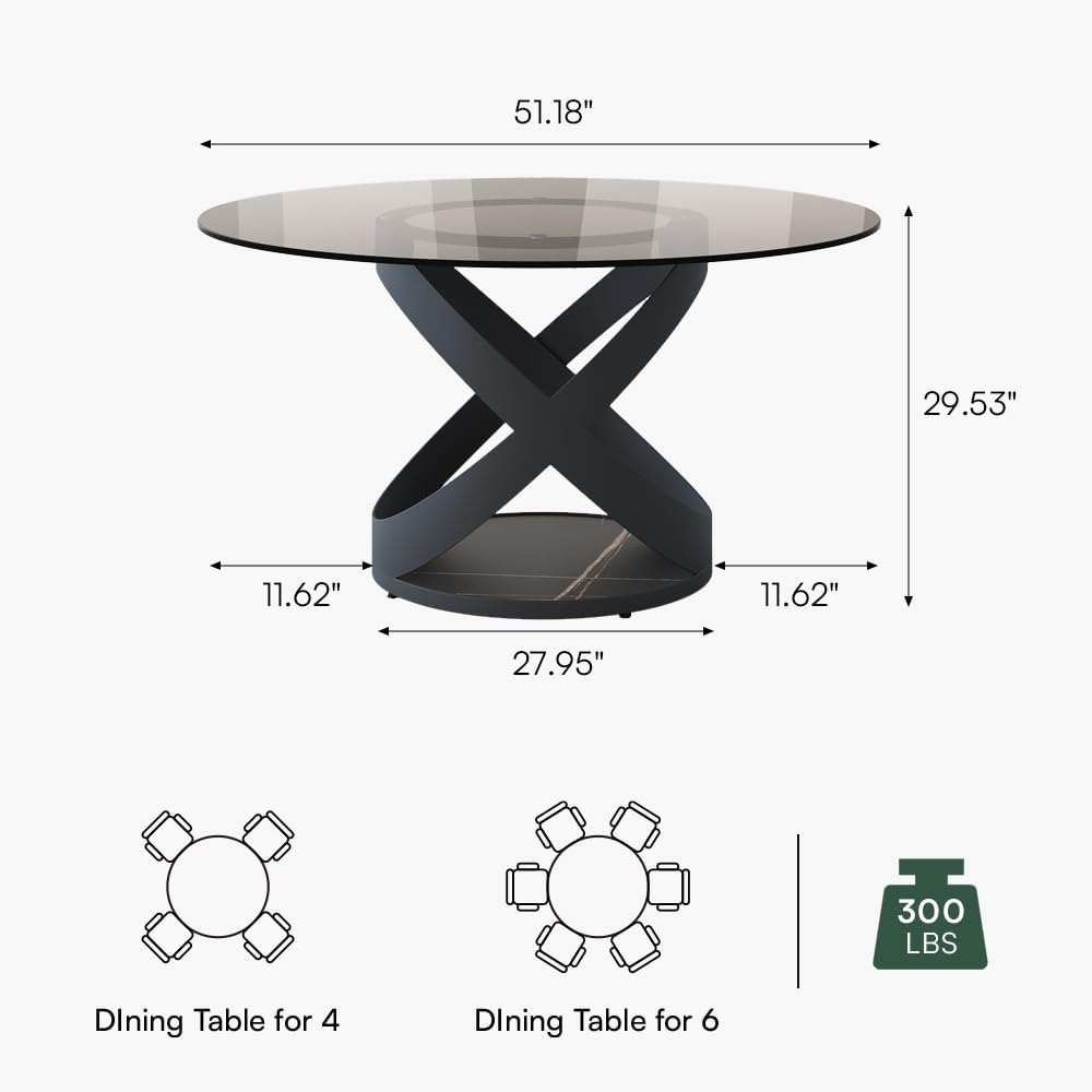 POVISON 51' Modern Round Dining Table, Glass Round Kitchen Table for 4, Tempered Glass Dining Room Table top with Black X Carbon Steel Base (Dining Table Only)