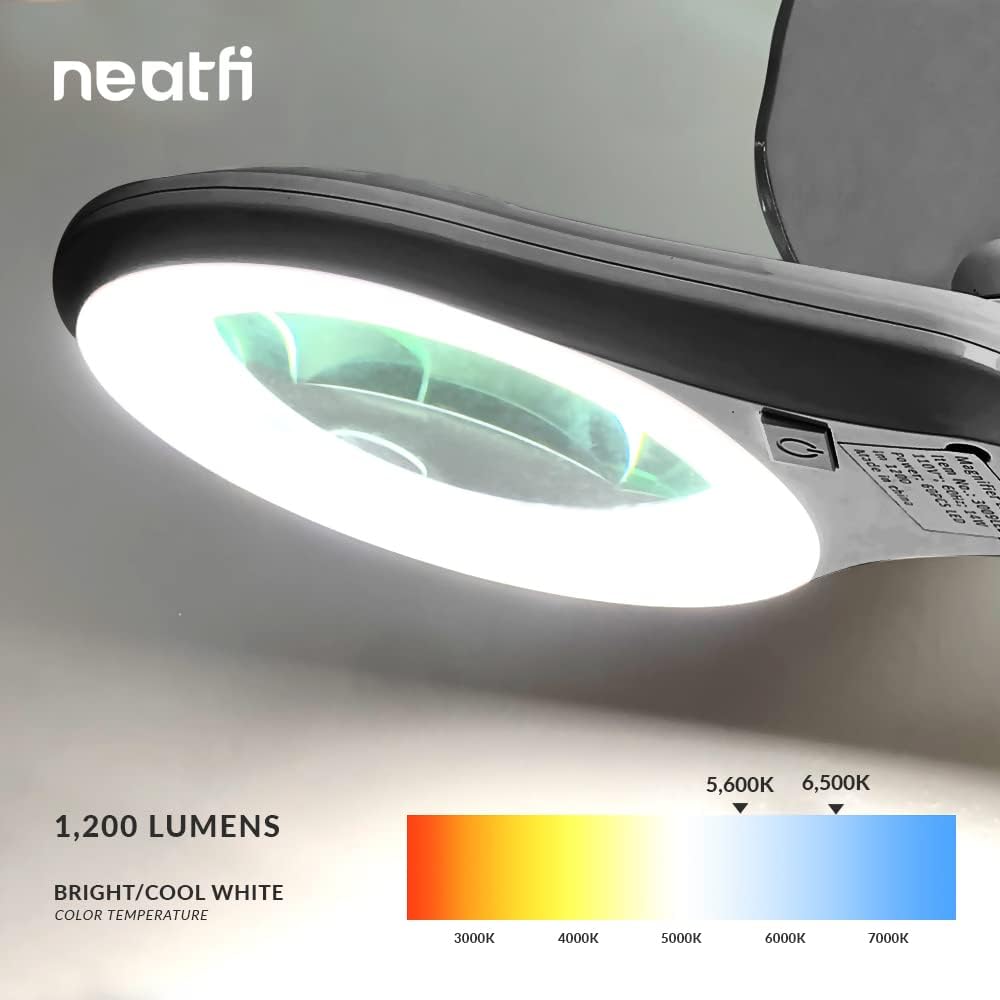 Neatfi LED Bifocal Magnifying Lamp 1,200 Lumens – 5' Glass Lens, Dual Magnification 2.25X/6X, Dimmable | Adjustable Arm with Clamp | Crafting, Jewelry & Reading (5 Diopter + 20 Diopter, Silver)