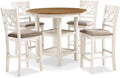Pemberly Row 5-Piece Solid Wood Counter Dining Set, 42 in Round Table and Chairs, Two-Tone Brown/White Finish, Mindy Wood with Storage Shelves, Padded Seats, Farmhouse Style Kitchen or Dining Room