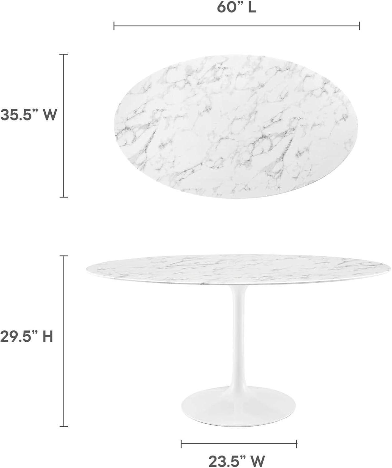 Modway Lippa 60' Oval-Shaped Mid-Century Modern Dining Table with Artificial Marble Top and White Base