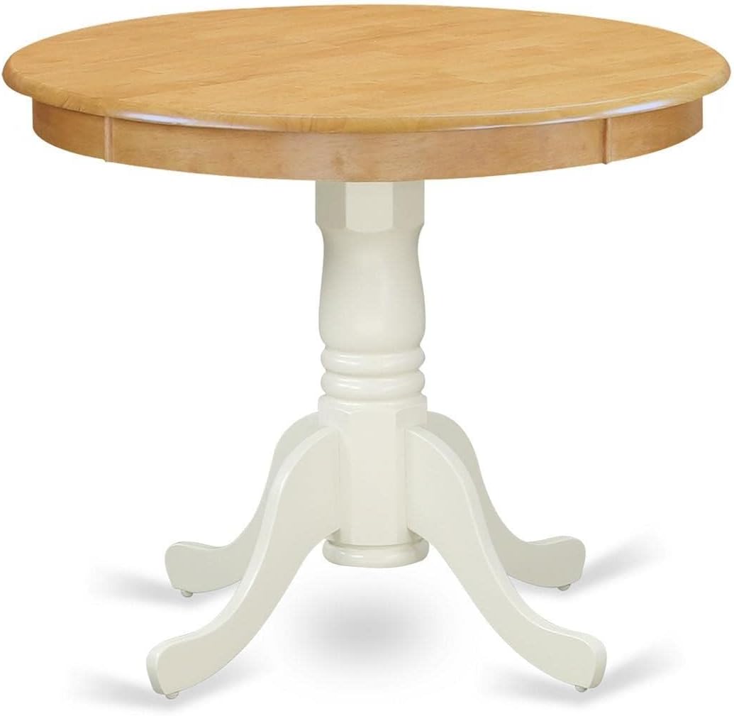 East West Furniture ANT-OLW-TP Antique Kitchen Dining Table - a Round Wooden Table Top with Pedestal Base, 36x36 Inch, Oak & Linen White