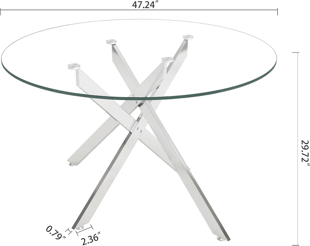 47.25' Round Dining Table for 6, Modern Clear Glass Kitchen Table for 6 with Silver X Metal Legs, Contemporary Small Circle Dining Room Leisure Tables for Kitchen Apartment