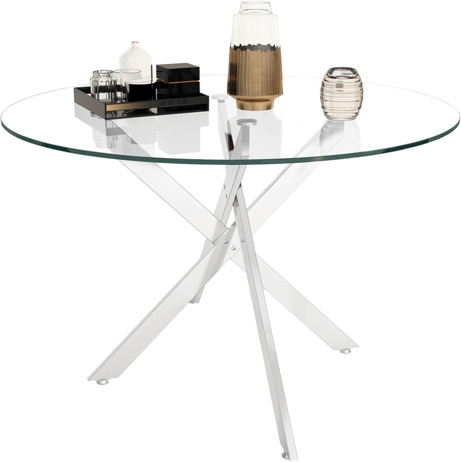 HomVent 5 Piece Round Glass Dining Table Set, Tempered Glass Dinner Table Set for 4 Kitchen Table Set with 4 Velvet Upholstered Chairs for Kitchen Dining Room