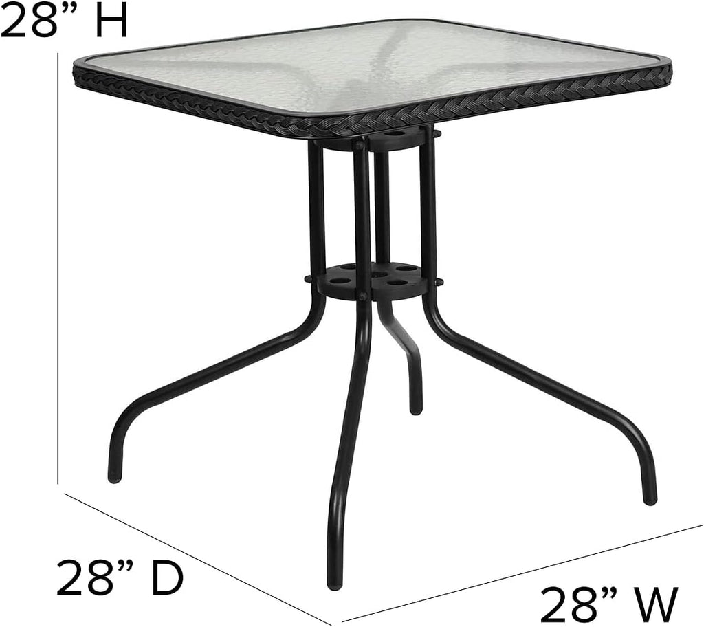 Flash Furniture Lila 28'' Square Glass Metal Table with Black Rattan Edging and 2 Black Rattan Stack Chairs