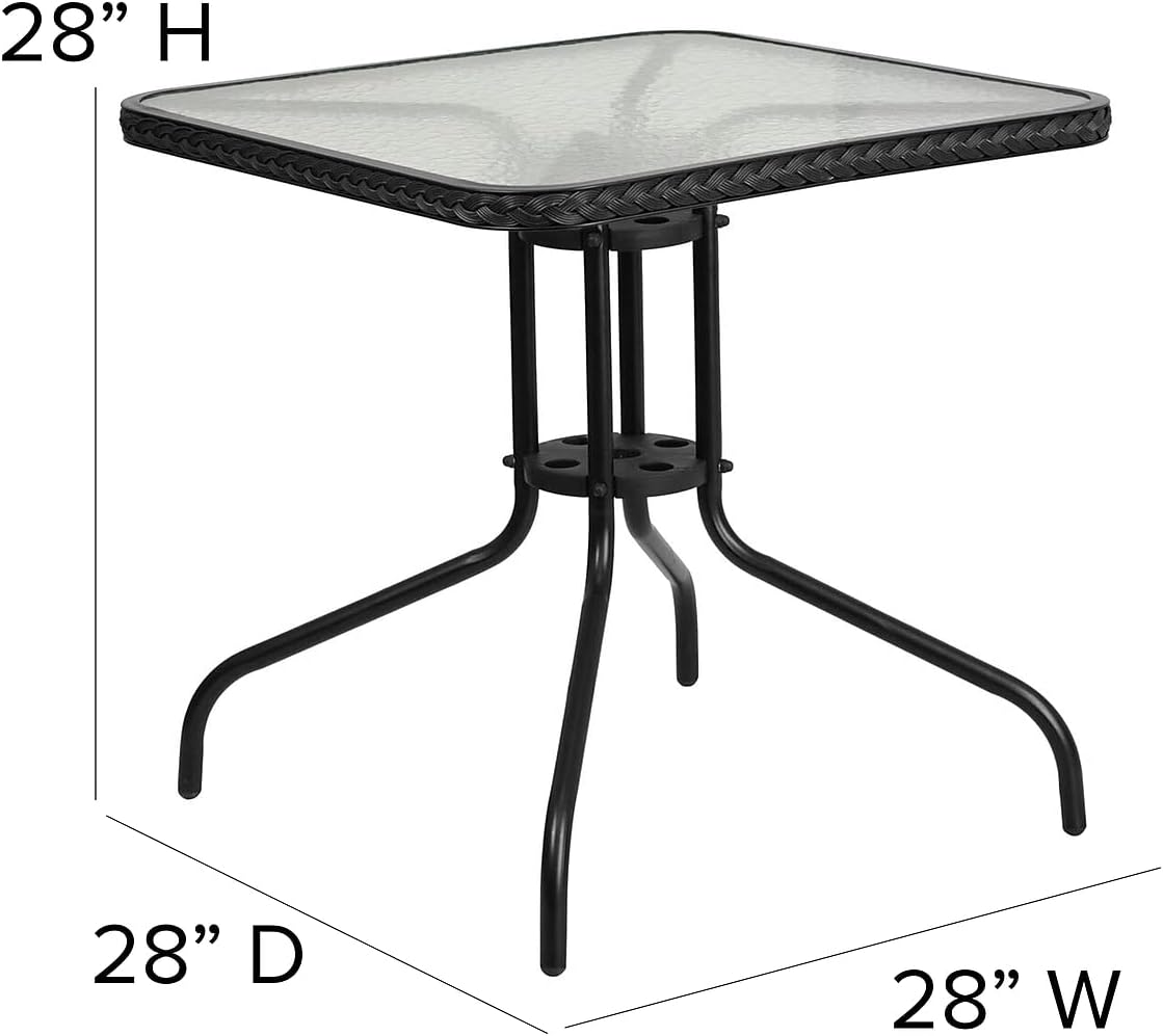 Flash Furniture Lila 28'' Square Glass Metal Table with Black Rattan Edging and 2 Black Rattan Stack Chairs