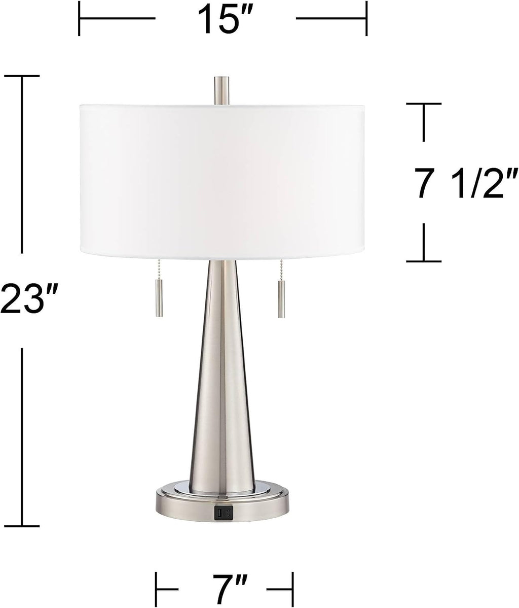 Possini Euro Design Vicki Modern Accent Table Lamps 23' Tall Set of 2 with USB Charging Ports Brushed Nickel Metal Cream Faux Silk Drum Shade for Bedroom Living Room House Desk Bedside Nightstand