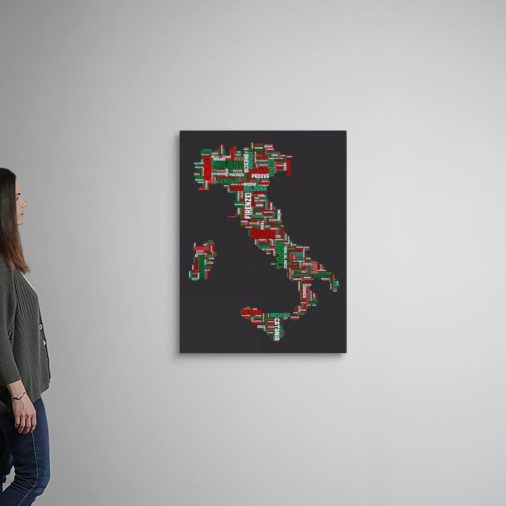 CANVAS ON DEMAND Italian Cities Text Map, Italian Colors On Grey Canvas Wall Art Print by Michael Tompsett, Typography, Home Decor, Artwork, 30'x40'
