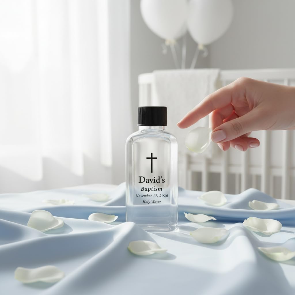 Custom 100cc Round Plastic Bottles - 3.4 oz Holy Water Favors with Minimalist Black or White Caps - Personalized Labels - Ideal for Confirmation Gifts & First Holy Communion Keepsakes (90)