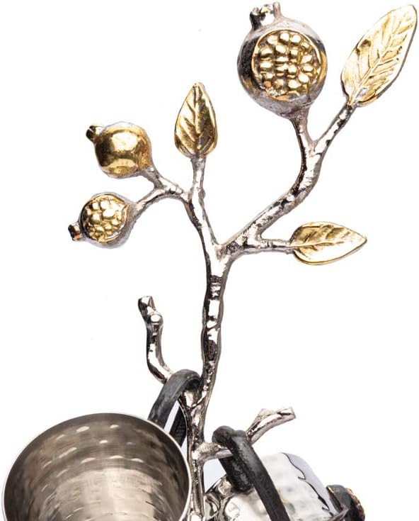Yair Emanuel Set of 6 Liquor Cups of Hammered Metal on Pomegranate Branch Stand
