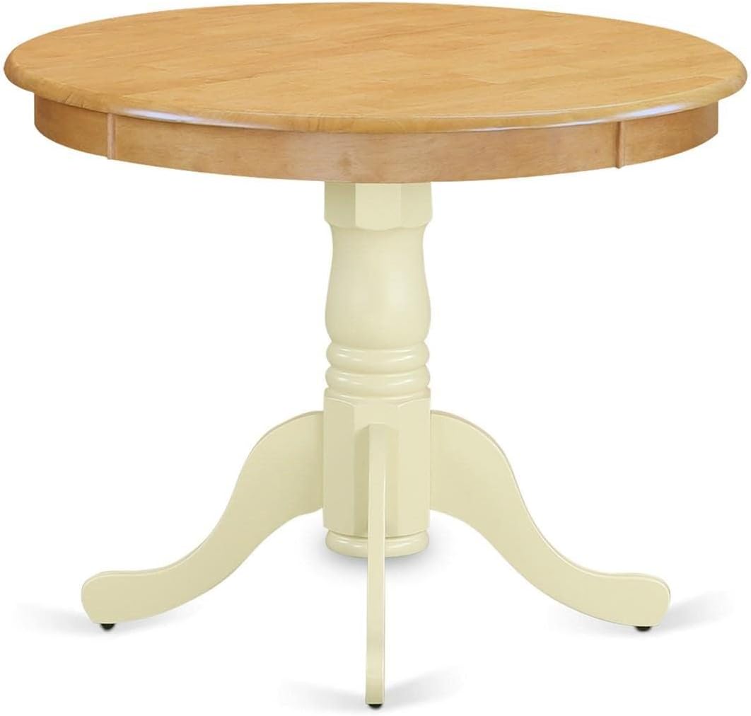 East West Furniture ANT-OMK-TP Antique Dining Table - a Round Wooden Table Top with Pedestal Base, 36x36 Inch, Oak & Buttermilk