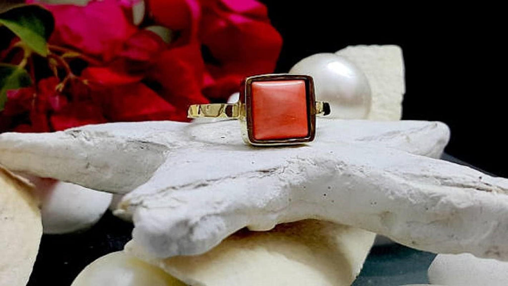 Coral square bezel set ring