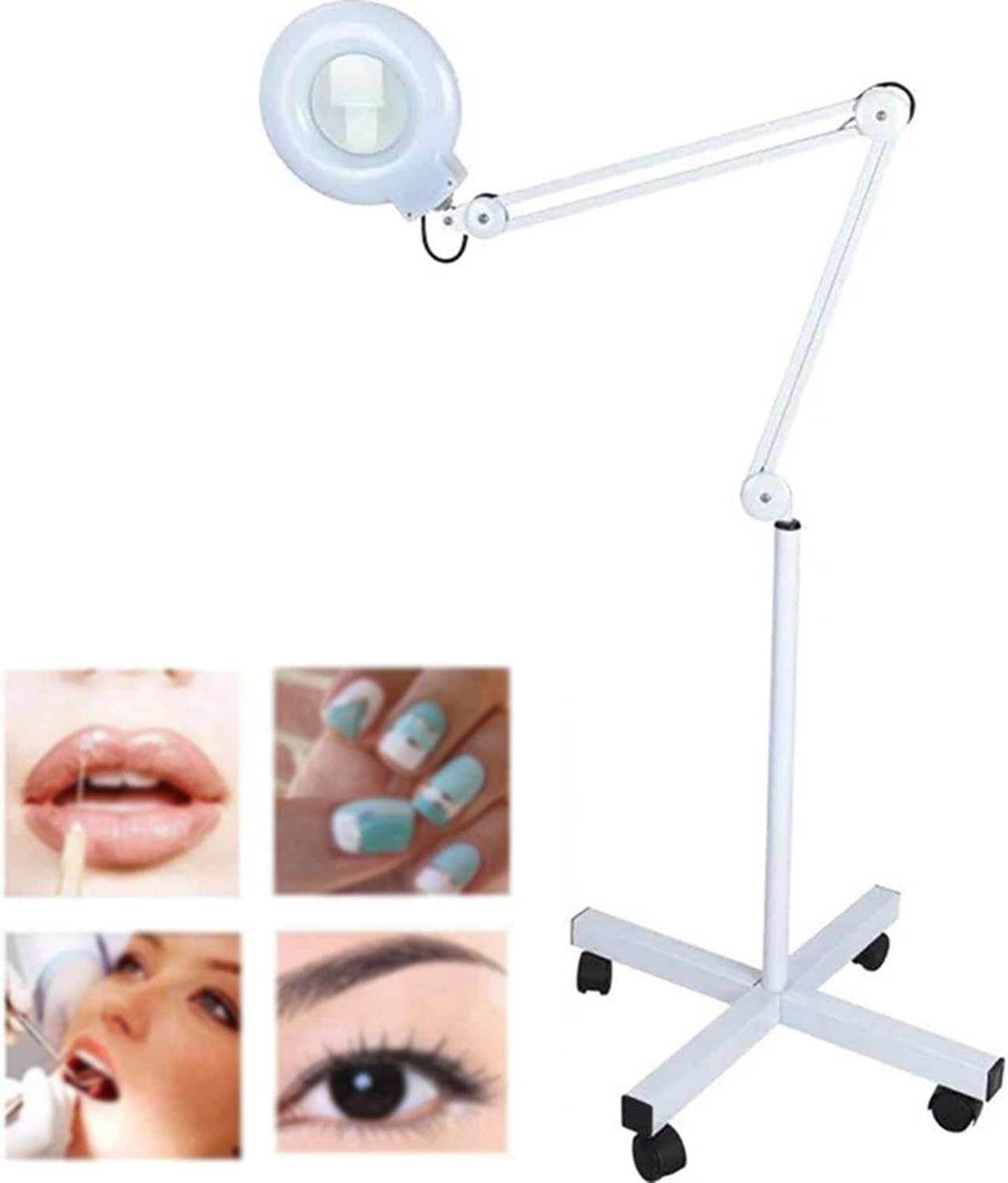 Magnifying Glass,Beauty Magnifying Lamp LED Floor Lamp with 4 Wheels Rolling Base and Adjustable Arm Lighted Magnifier for Reading, Crafts, Sewing, Close Work, Beauty Salon