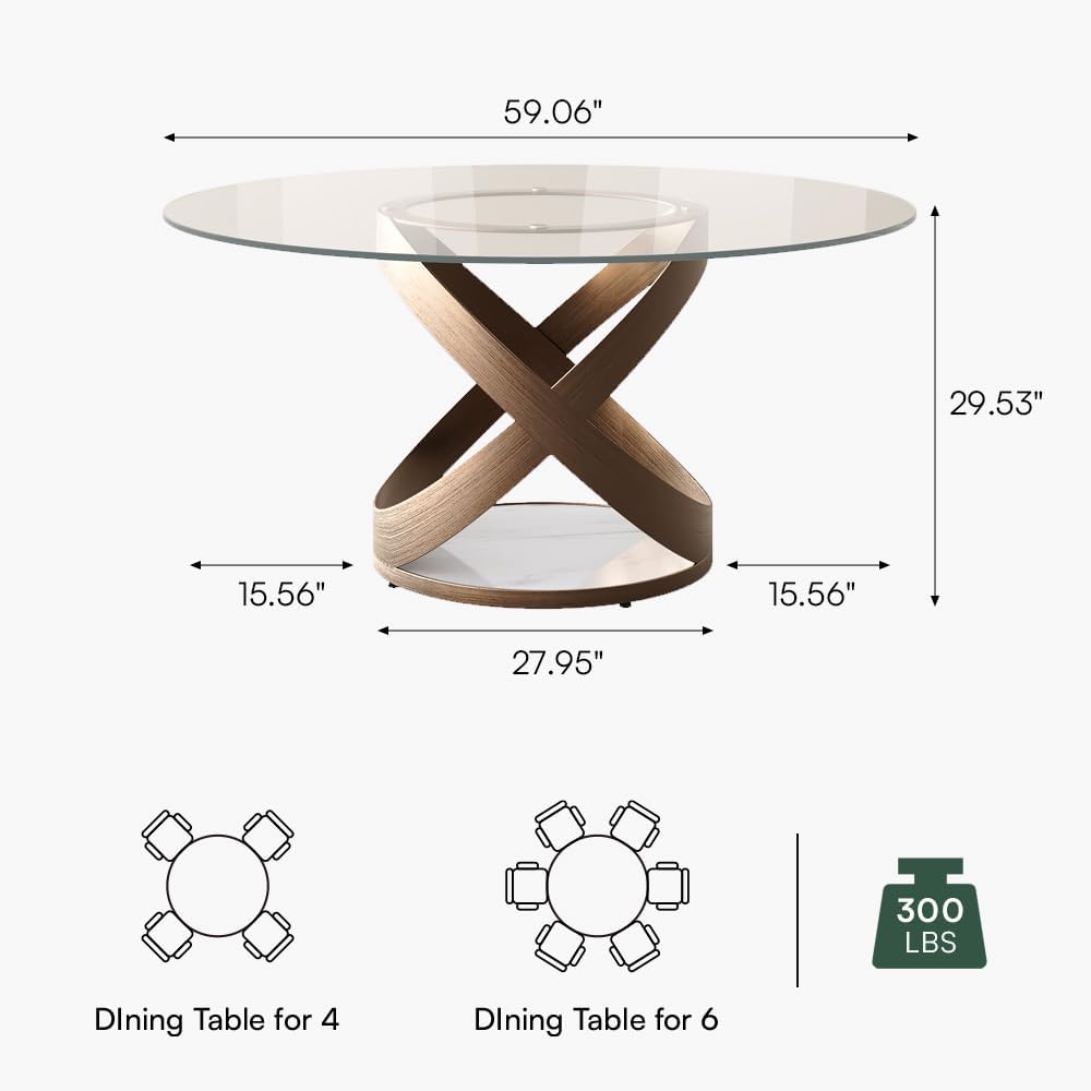 POVISON 59' Modern Round Dining Table, Glass Round Kitchen Table for 6, Glass Dining Room Table Top with Bronze X Carbon Steel Base for Dining Room (Dining Table Only)