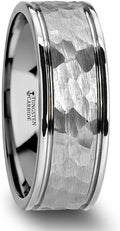 Roy Rose Jewelry Mens Hammered Finish Center White Tungsten Carbide Dual Offset Grooves Wedding Ring - Polished Edged Comfort Fit - 6mm 8mm Wide - Style Name: Thornton