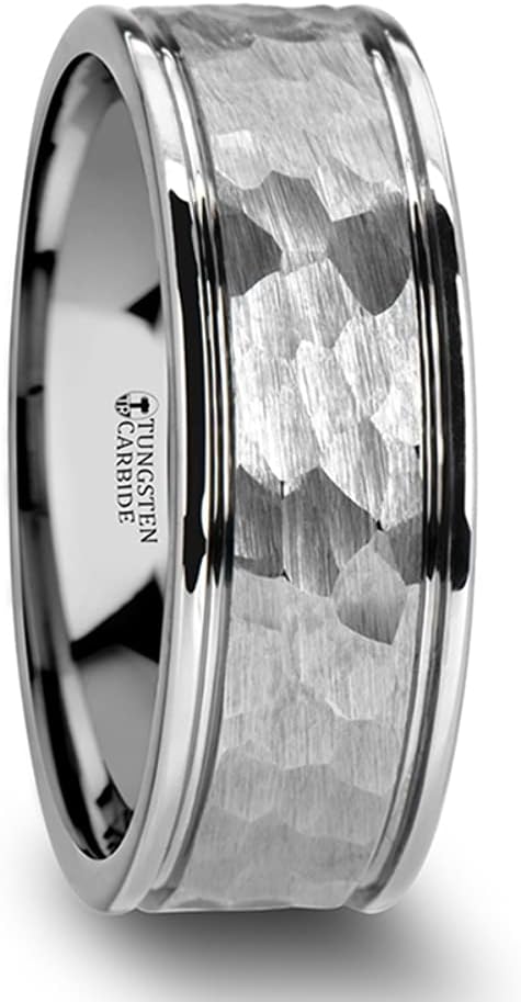 Roy Rose Jewelry Mens Hammered Finish Center White Tungsten Carbide Dual Offset Grooves Wedding Ring - Polished Edged Comfort Fit - 6mm 8mm Wide - Style Name: Thornton