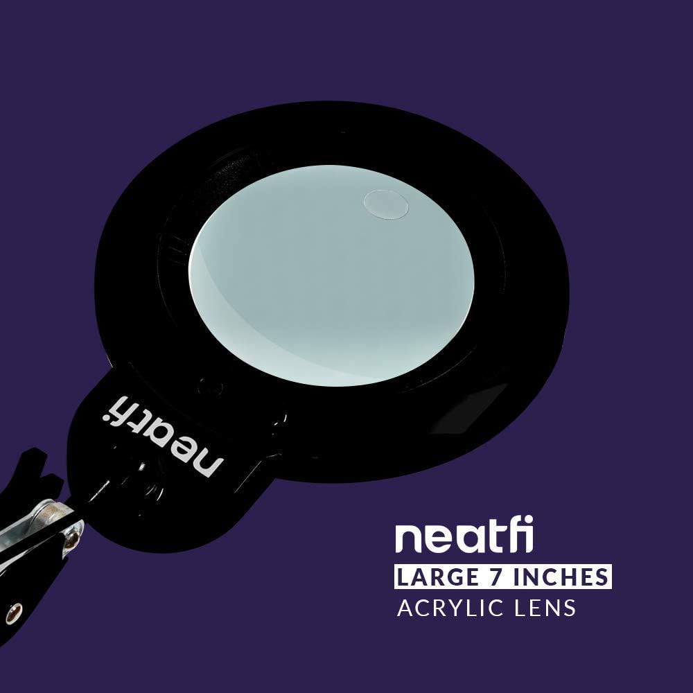 Neatfi 7' XL Bifocals 1,600 Lumens Super LED Magnifier Lamp (Black) Bundle Floor Stand with 6 Wheels Rolling Base (Black)