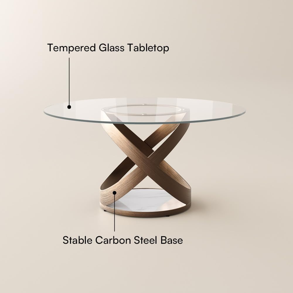 POVISON 59' Modern Round Dining Table, Glass Round Kitchen Table for 6, Glass Dining Room Table Top with Bronze X Carbon Steel Base for Dining Room (Dining Table Only)