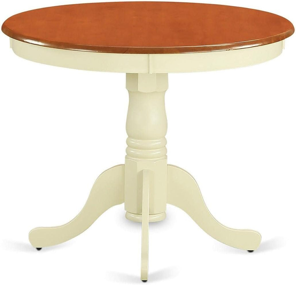 East West Furniture ANT-WHI-T Antique Modern Dining Table - a Round Kitchen Table Top with Pedestal Base, 36x36 Inch, Buttermilk & Cherry
