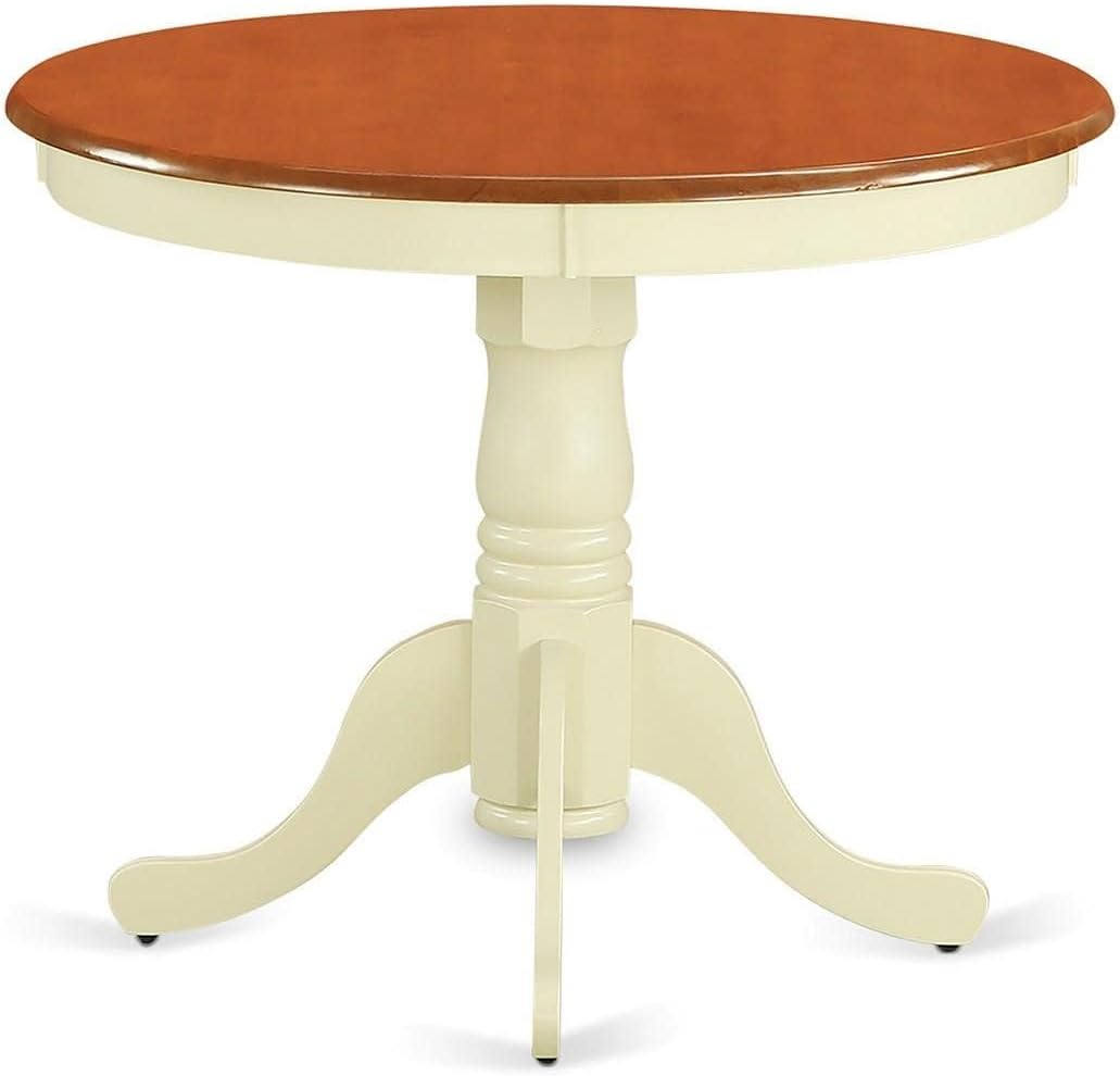 East West Furniture ANT-WHI-T Antique Modern Dining Table - a Round Kitchen Table Top with Pedestal Base, 36x36 Inch, Buttermilk & Cherry