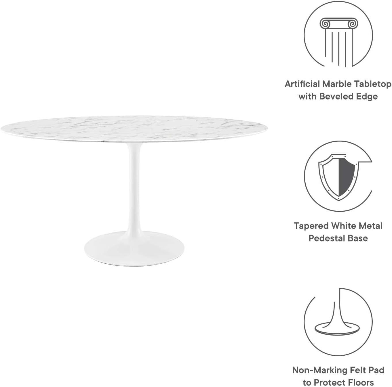 Modway Lippa 60' Oval-Shaped Mid-Century Modern Dining Table with Artificial Marble Top and White Base