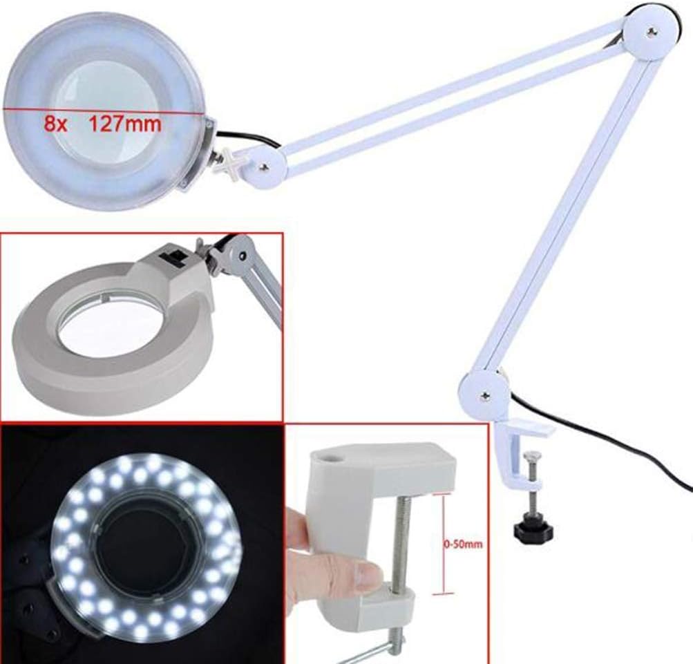 Magnifier, Led Folding Magnifier lamp,Adjustable Swivel Arm 8X Magnifying Glass Table Lamp Light with Clamp for Beauty Skincare Manicure Nail Tattoo Salon with Glass Lens and Bench