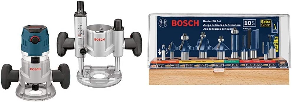 Bosch MRC23EVSK Combination Router - 15 Amp 2.3 Horsepower Corded Variable Speed Combination Plunge & Fixed-Base Router Kit with Hard Case & RBS010 10pc. All-Purpose Router Bit Set