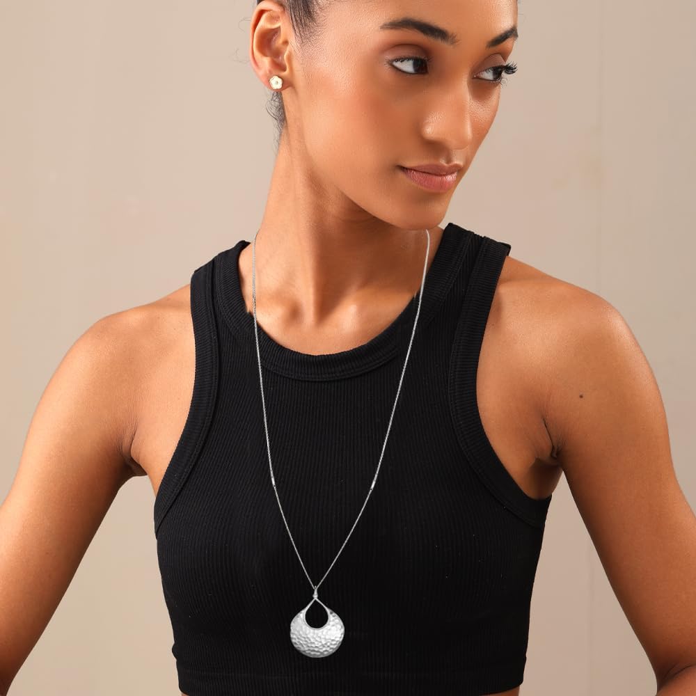 LeCalla 925 Sterling Silver Handmade Pendant Necklace Earrings | Set of 2 Pair Hammered Crescent Drop Earrings and Necklace