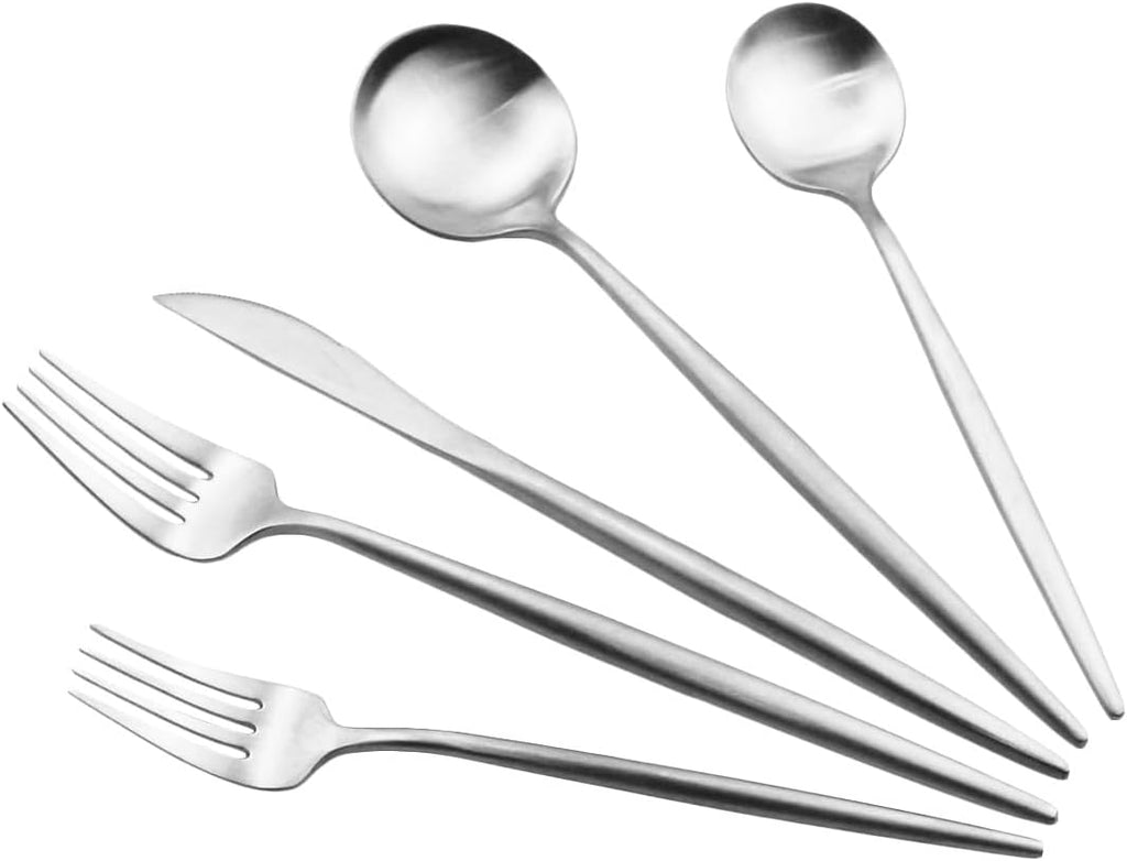 Silverware Flatware Cutlery Set, 4/16/24/32/40/48 Pieces Thick Stainless Steel Hammer Point Round Handle Cutlery Set Steak Knife, Fork and Spoon,Silver-1Set-4Pcs(Pink Gold-10Set50Pcs)