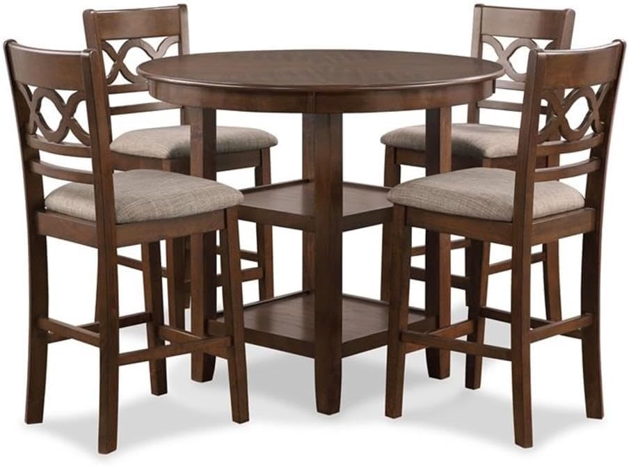 Pemberly Row 5-Piece Solid Wood Counter Height Dining Set, 42' Round Table, Brown Finish, Includes 4 Chairs with Padded Seats, Contemporary Style for Kitchen or Dining Room