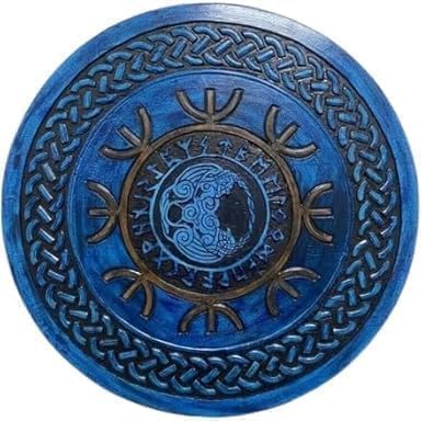 Wooden 22' Viking Round Shield | Hand-Carved Knight Warrior Battle & Wall Décor | Blue with Bronze Accents Sheild | Suitable for Wall Décor, Roleplay