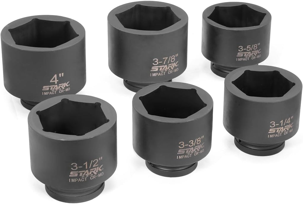 Stark USA 1' Drive Jumbo Shallow Impact Socket Set Spindle Axle SAE Sockets 6-Piece (3-1/4' - 4') Cr-Mo Steel Removing And Installing Axle Nuts
