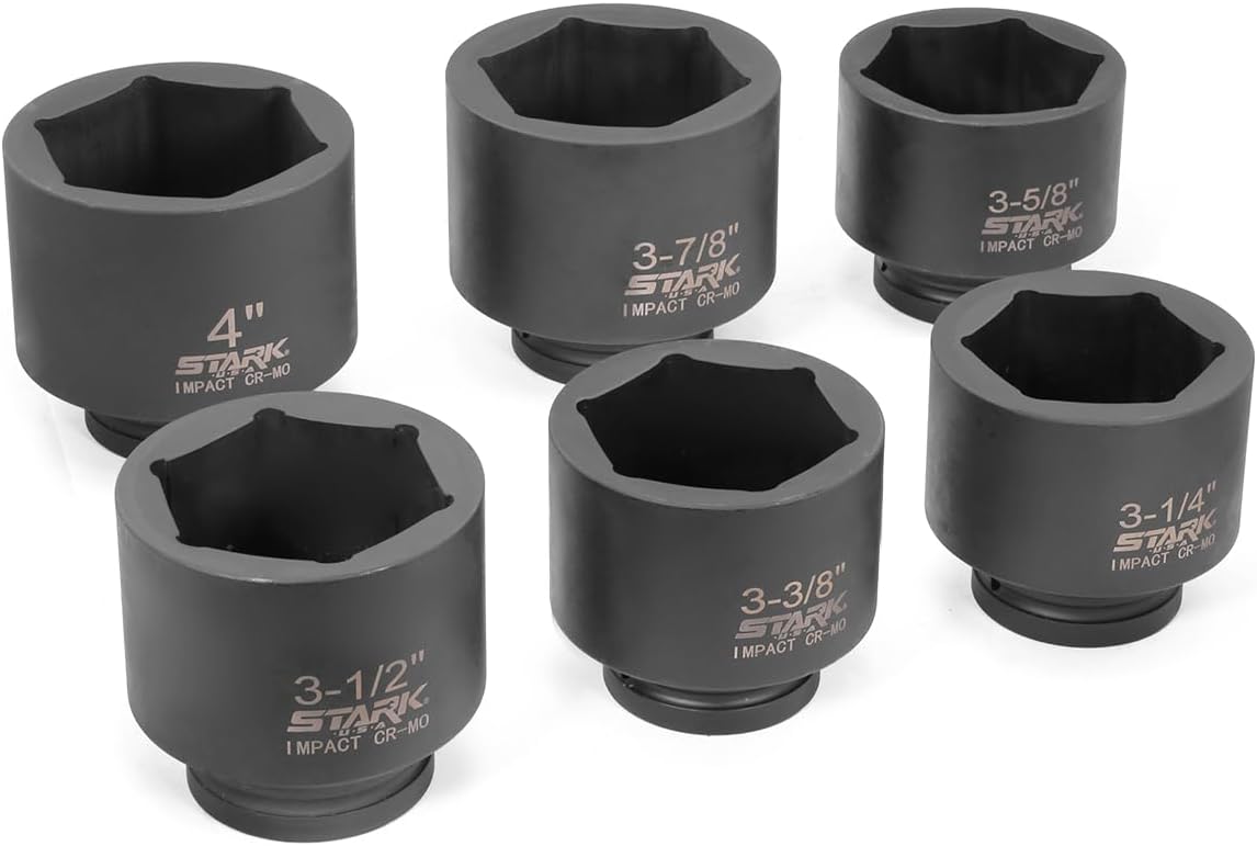Stark USA 1' Drive Jumbo Shallow Impact Socket Set Spindle Axle SAE Sockets 6-Piece (3-1/4' - 4') Cr-Mo Steel Removing And Installing Axle Nuts