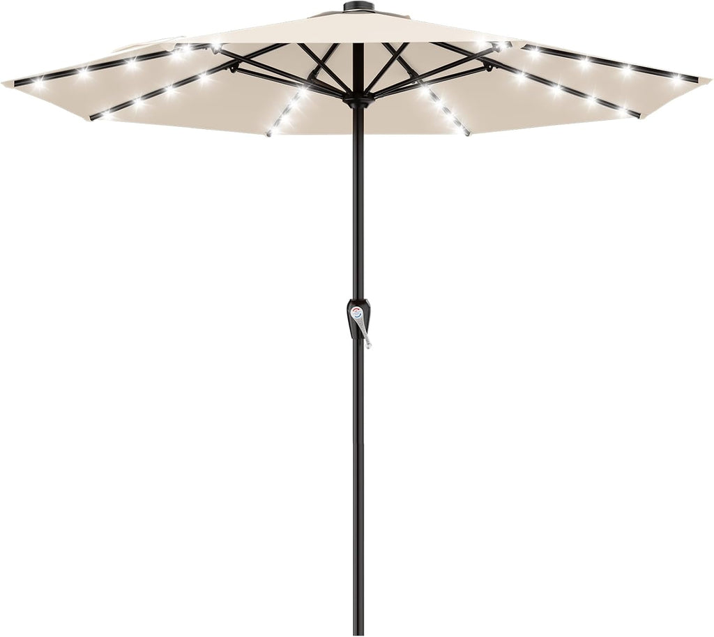 AreShark 12FT Large Patio Umbrella with Solar Lights, Solar Powered Outdoor Umbrella with Crank, Patio Table Market Umbrellas for Garden, Deck, Backyard, Pool and Beach, Cream-White