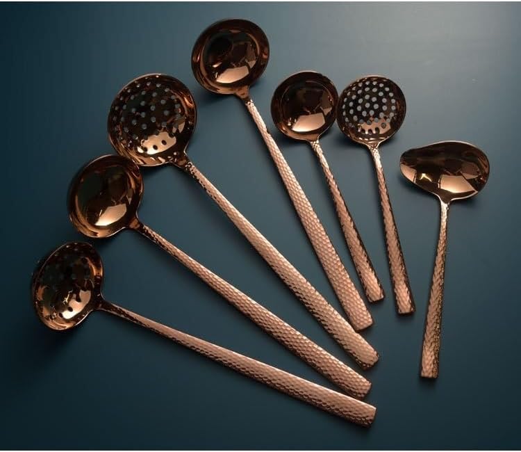 Cutlery Set Tableware Silverware Stainless Steel Handle,Silverware Flatware Cutlery Set, 1/4/6/8/10/12 Pcs 304 Stainless Steel Thickened Hammer Pattern Soup Shell Hot Pot-Rose Gold-8 Pieces